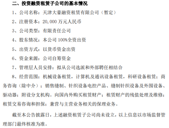 大豪科技设立天津子公司拓展融资租赁与信息咨询业务版图